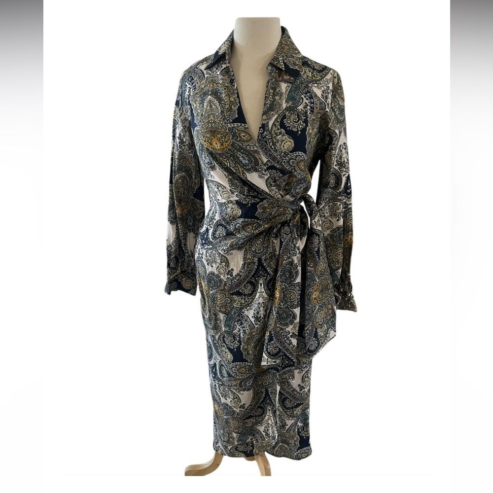 NWT Magashoni Midi Wrap Dress- blue, white and yellow paisley design-Size 6